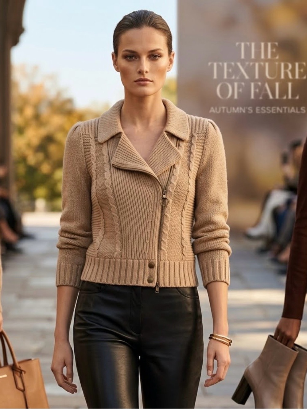 H&M Beige Cable Knit Asymmetric Zip Moto Sweater Jacket • Size S